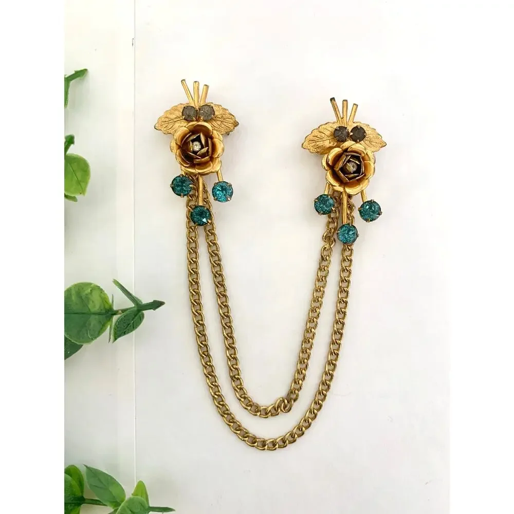 Vintage 1950s Sweater Clip Double Brooch Teal Rhinestone Gold Tone Chain Elegant